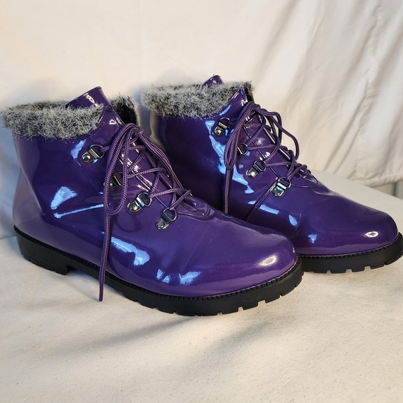 Comfortview Purple Patent Ankle Boots Faux Fur Trim Wide Width Women's - Picture 1 of 5